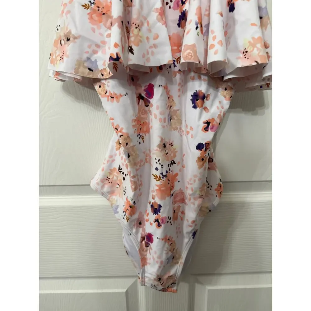 Beachsissi Floral Flounce Off Shoulder Ruffled Monokini One Piece Swimsuit, M